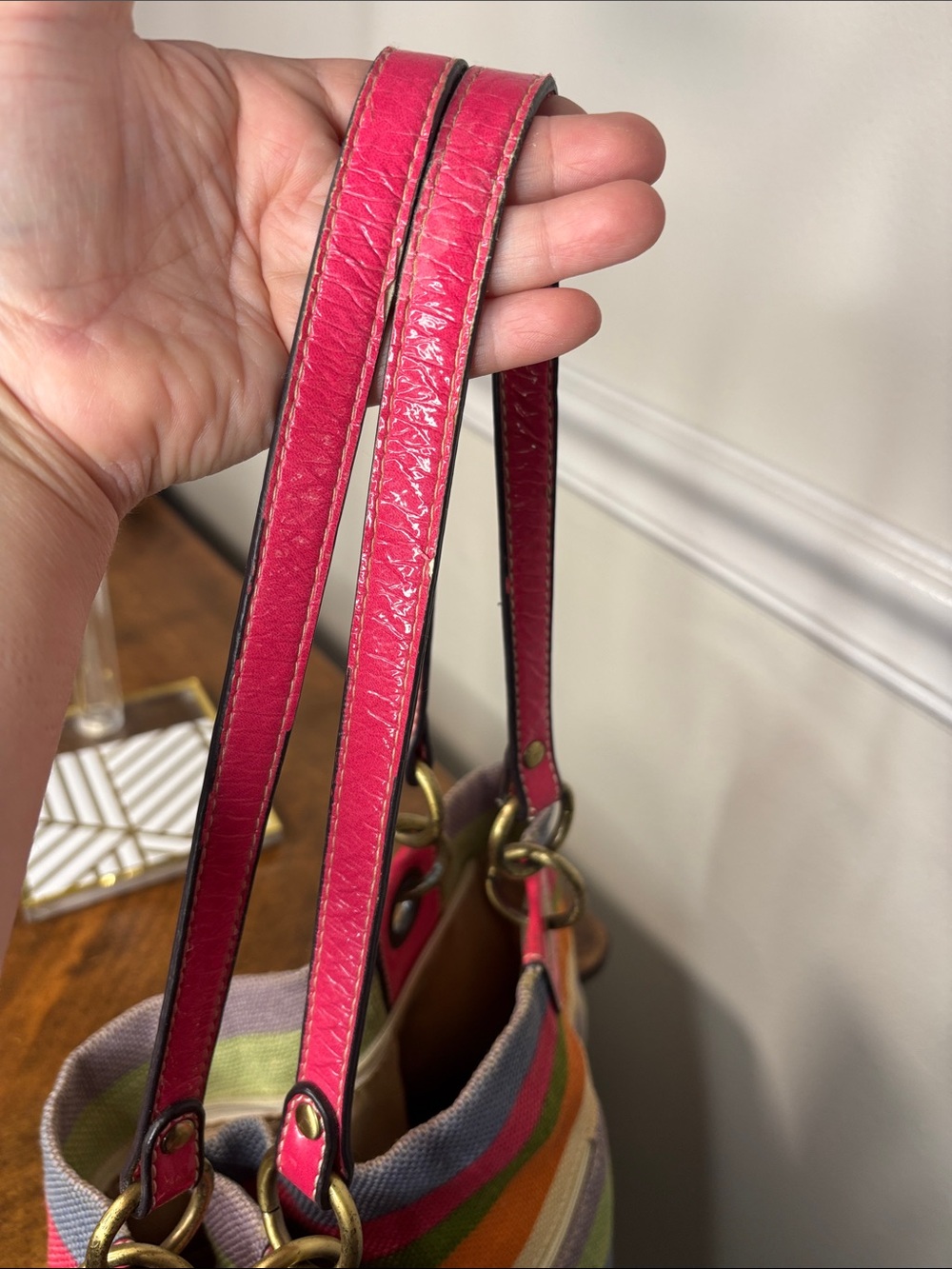 Coach HTF Legacy Striped Multicolor Woven Tote Bag with Pink Patent Leather Trim - Picture 14 of 16